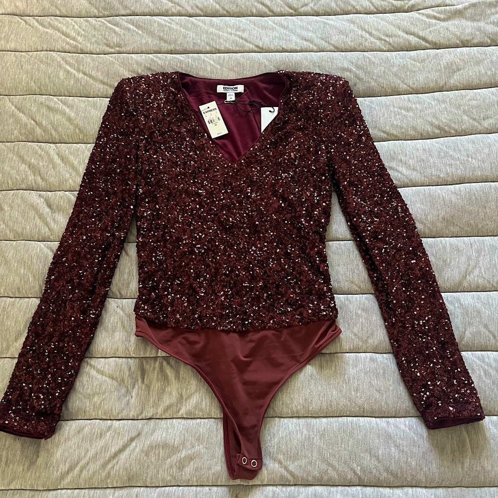 NEW Express Edition burgundy sequins thong bodysuit. Size XS.